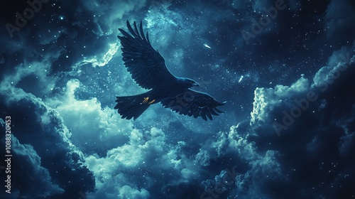 An eagle soaring through the night sky, with stars and moonlight creating an ethereal backdrop. The forest silhouette is in soft focus beneath it, capturing the bird's majestic presence.  photo