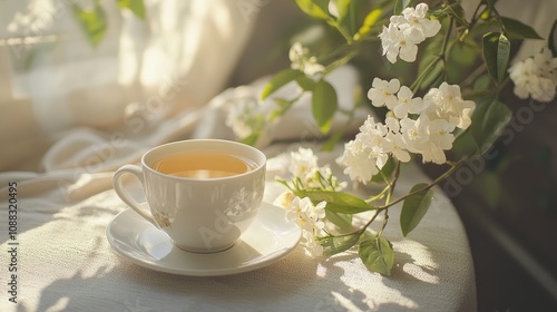 A delicate cup of jasmine tea beside fresh white flowers on a softly lit table, highlighting the organic and refreshing qualities of this herbal drink.