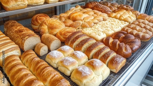 Assortment of Artisanal Breads Displayed on Shelves in a Classic Bakery Setting