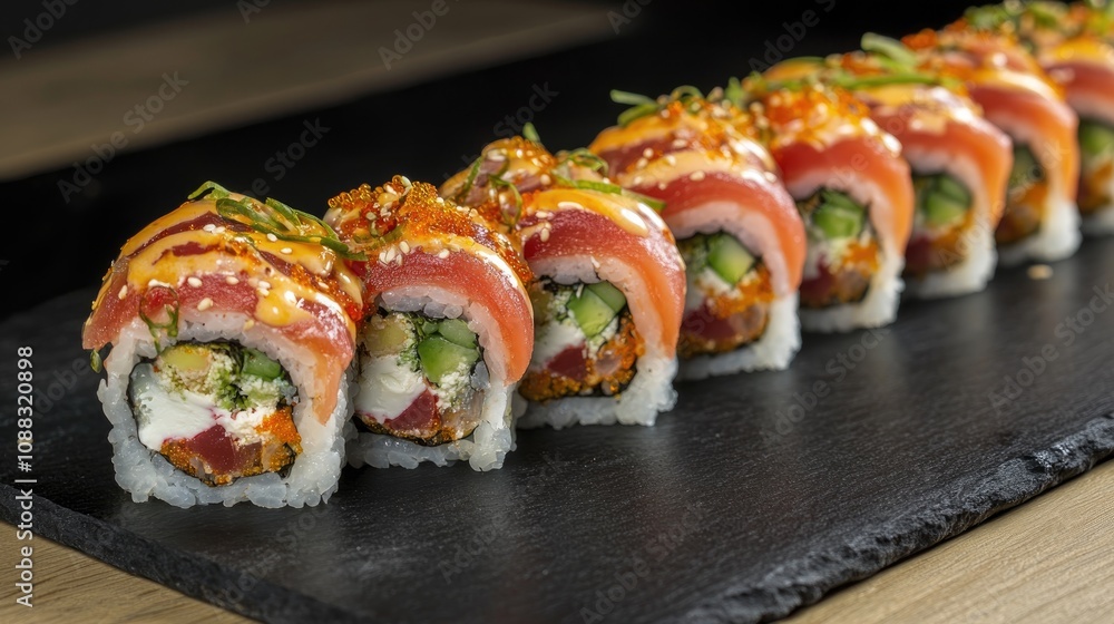 Artfully arranged sushi rolls featuring vibrant colors and textures on a dark slate background, highlighting fresh ingredients and intricate toppings. Artfully arranged sushi rolls featuring vibrant colors and textures on a dark slate background, highlighting fresh ingredients and intricate toppings.