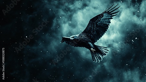 Wallpaper Mural An eagle soaring through the night sky, with stars and moonlight creating an ethereal backdrop. The forest silhouette is in soft focus beneath it, capturing the bird's majestic presence.  Torontodigital.ca