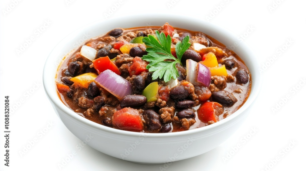 A bowl of hearty black bean chili with bell peppers, onions, tomatoes A bowl of hearty black bean chili with bell peppers, onions, tomatoes