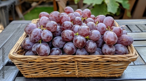 Lush basket overflowing with sweet, seedless red grapes resting on a rustic wicker outdoor table under natural light. photo