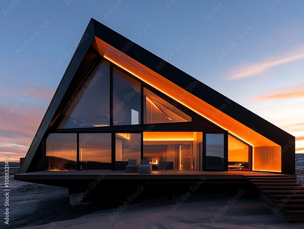 A minimalist retreat in the Arctic tundra, featuring geometric shapes and glowing interiors A minimalist retreat in the Arctic tundra, featuring geometric shapes and glowing interiors
