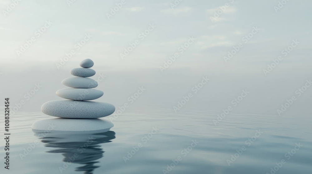 Stacked white pebbles on calm water with a tranquil sea horizon, creating a serene atmosphere ideal for themes of relaxation and meditation. Stacked white pebbles on calm water with a tranquil sea horizon, creating a serene atmosphere ideal for themes of relaxation and meditation.