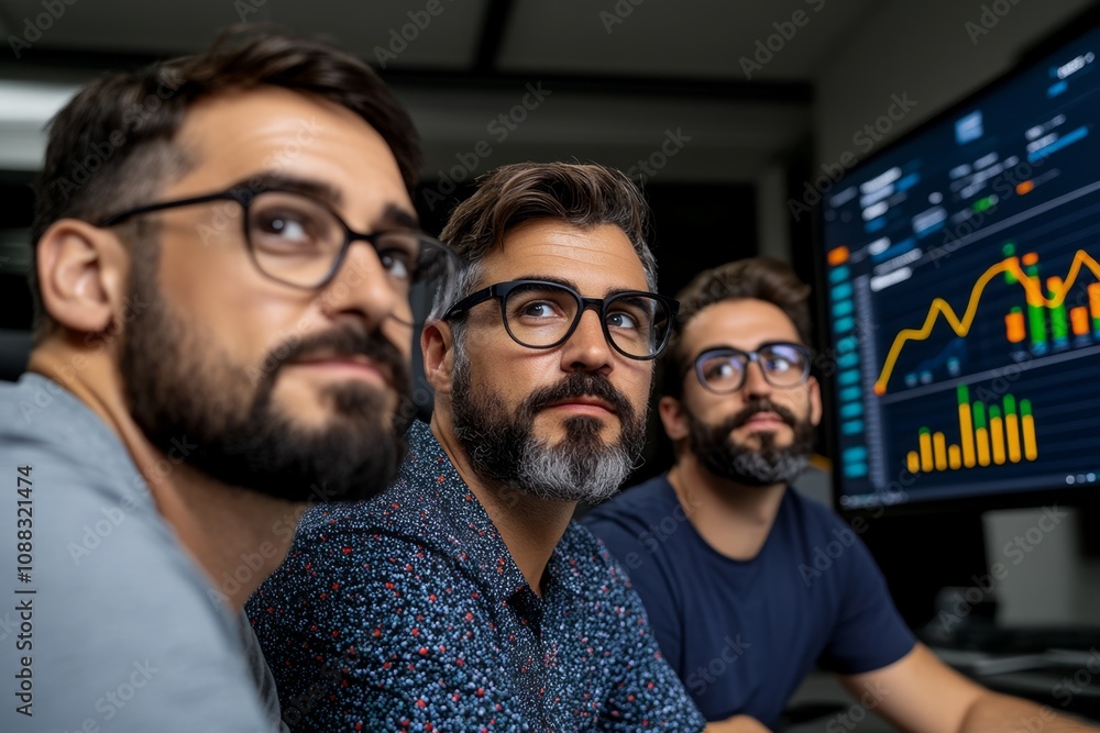 Accountant examining data on a large screen with financial summaries and growth projections Accountant examining data on a large screen with financial summaries and growth projections