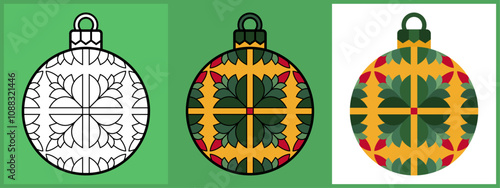 Christmas Ornament Balls with Floral pattern, Outline Coloring Flat style. Vector illustration.
