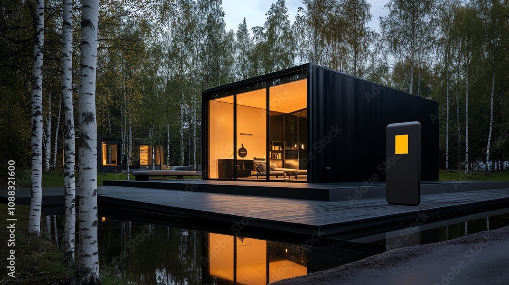 Obraz premium A minimalistic glass cabin surrounded by birch trees, reflecting the crisp white trunks