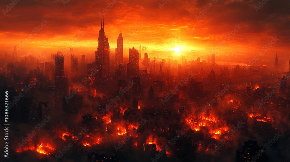 Naklejka premium A haunting post-apocalyptic cityscape featuring crumbling buildings and desolate streets bathed in a gloomy atmosphere, symbolizing decay, resilience, and the power of nature reclaiming urban spaces