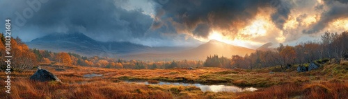 Breathtaking autumn landscape with golden foliage, tranquil water, mountains, and dramatic clouds under a sunset sky.