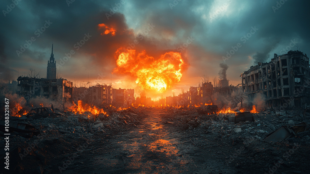 Obraz premium A haunting post-apocalyptic cityscape featuring crumbling buildings and desolate streets bathed in a gloomy atmosphere, symbolizing decay, resilience, and the power of nature reclaiming urban spaces