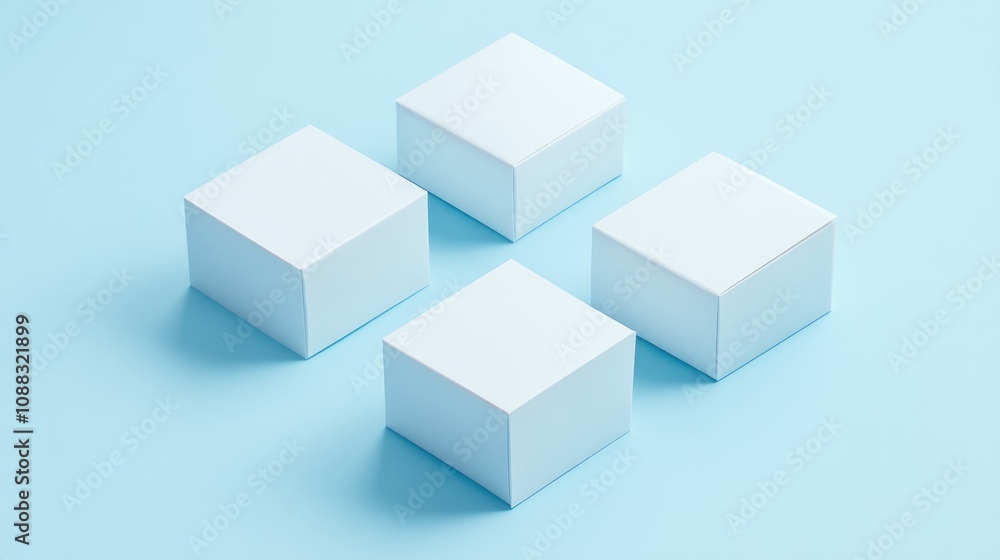 Four minimalist white paper boxes neatly arranged on a soft pastel blue background, perfect for displaying packaging designs and product concepts. Four minimalist white paper boxes neatly arranged on a soft pastel blue background, perfect for displaying packaging designs and product concepts.