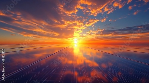 Vibrant sunset casts golden hues over solar panels, showcasing reflections and highlighting the beauty of sustainable energy production.