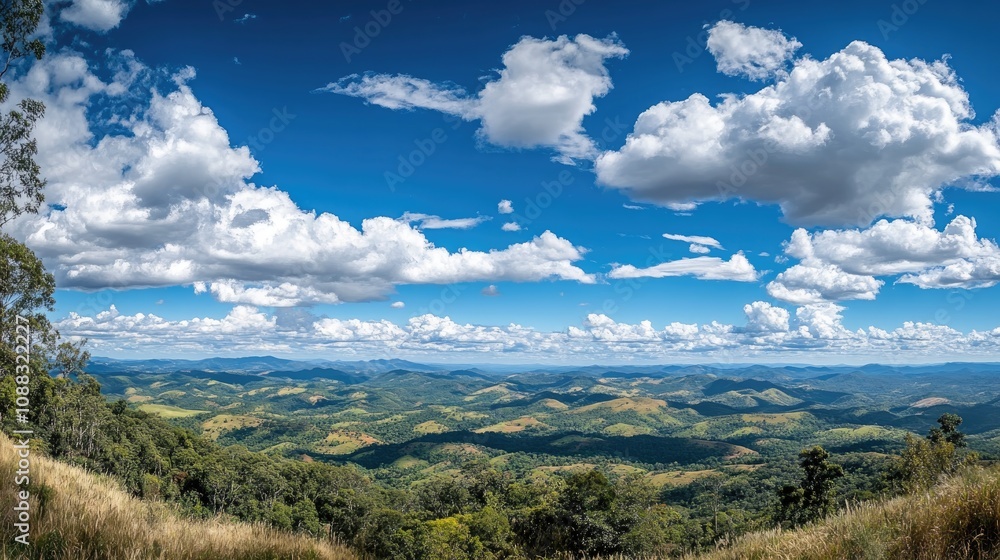 Vibrant panoramic landscape featuring a bright blue sky dotted with fluffy white clouds over lush green hills and rolling mountains. Vibrant panoramic landscape featuring a bright blue sky dotted with fluffy white clouds over lush green hills and rolling mountains.