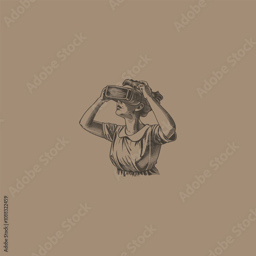 Women using VR retro vintage design vector t-shirt logo illustration