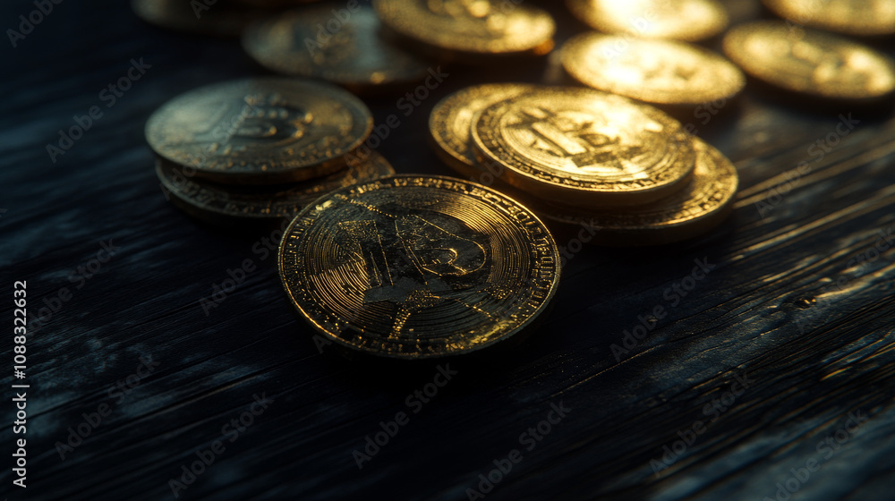 Several piles of gold Bitcoin coins sit on a dark wooden table. Several piles of gold Bitcoin coins sit on a dark wooden table.