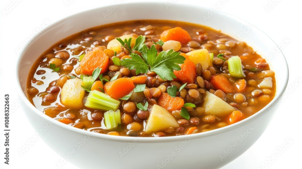 A bowl of hearty lentil and vegetable stew with carrots, celery, and potatoes in a rich tomato broth A bowl of hearty lentil and vegetable stew with carrots, celery, and potatoes in a rich tomato broth