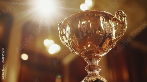 Shiny golden trophy illuminated by soft light, showcasing intricate design, symbolizing victory and accomplishment in competitions.