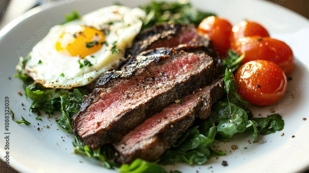 Skirt steak and eggs plated with vibrant cherry tomatoes and fresh greens, offering a nutritious and hearty breakfast option. Skirt steak and eggs plated with vibrant cherry tomatoes and fresh greens, offering a nutritious and hearty breakfast option.