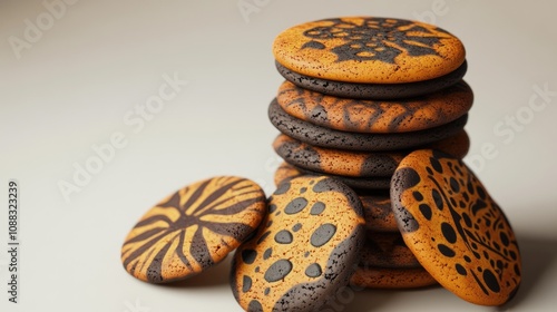 Stack of uniquely designed chocolate chip cookies showcasing intricate patterns on a neutral background perfect for creative artwork mockups. photo