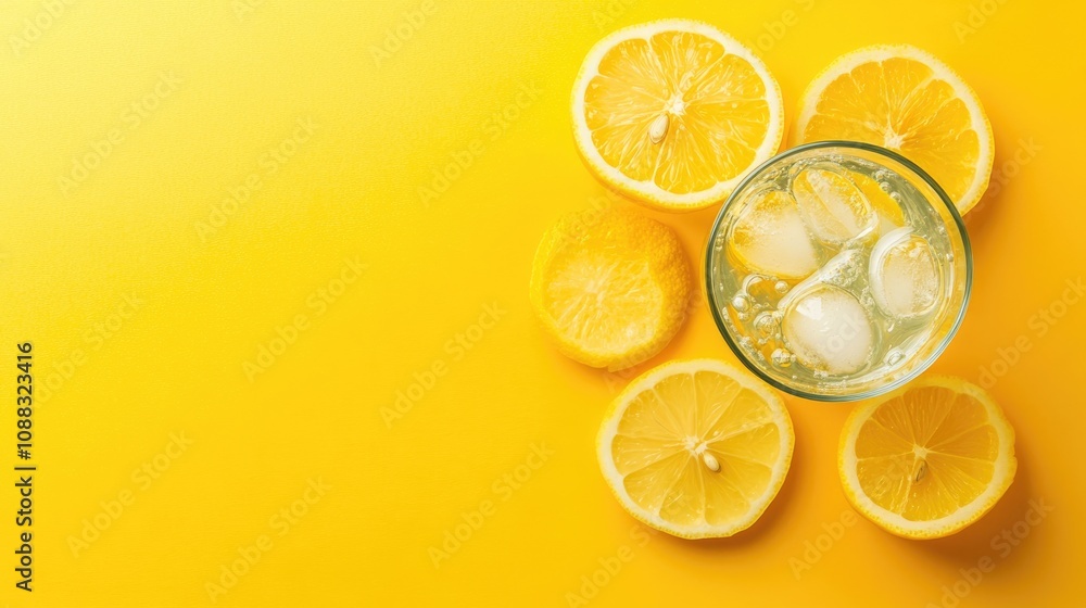 Refreshing citrus lemonade in a glass with ice, surrounded by fresh lemon slices on a vibrant yellow background, perfect for summer hydration and detox. Refreshing citrus lemonade in a glass with ice, surrounded by fresh lemon slices on a vibrant yellow background, perfect for summer hydration and detox.