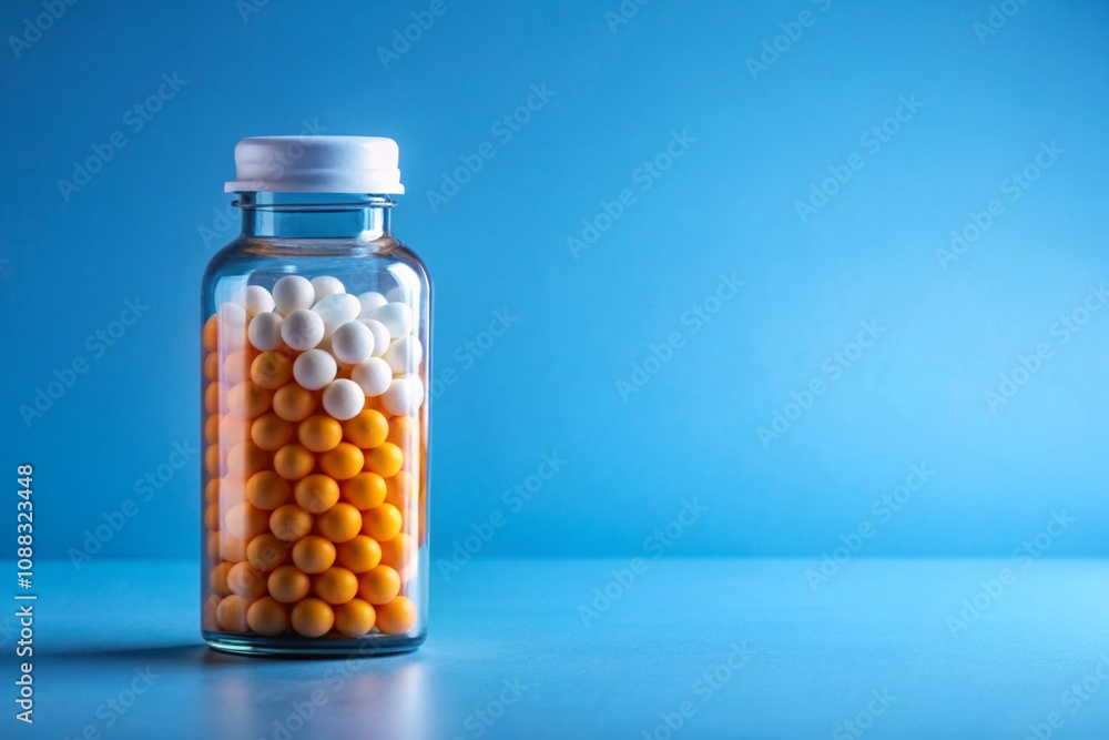 A bottle of pills with orange and white pills inside A bottle of pills with orange and white pills inside