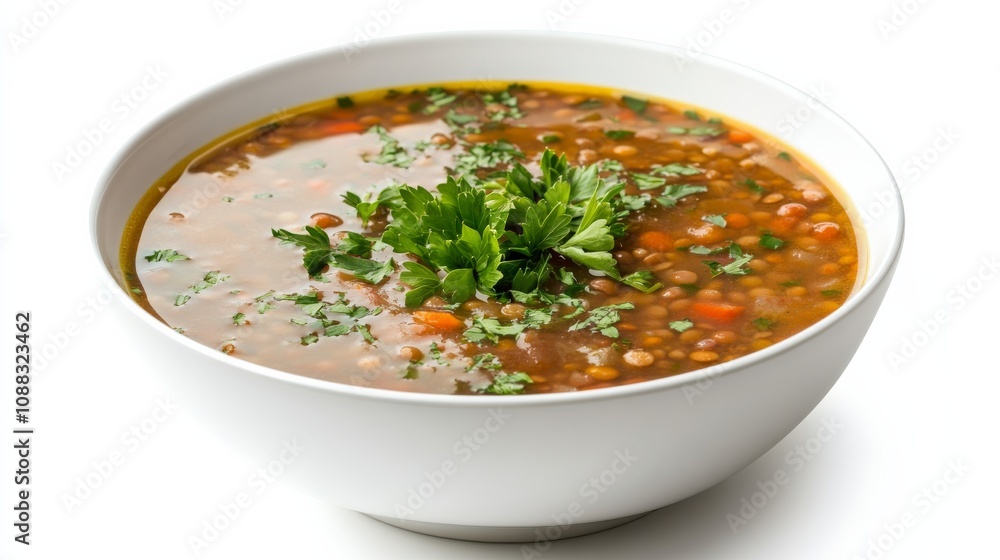 A bowl of hearty lentil soup garnished with chopped parsley and a drizzle of olive oil, Each spoonful filled with comforting and nutritious goodness A bowl of hearty lentil soup garnished with chopped parsley and a drizzle of olive oil, Each spoonful filled with comforting and nutritious goodness