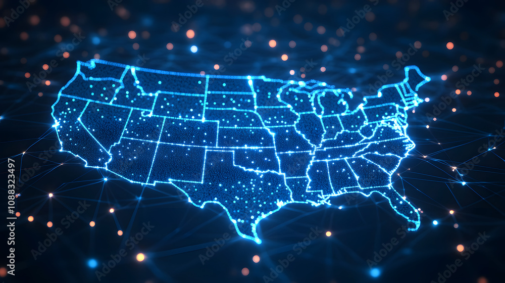 Digital map of USA, concept of North America global network and connectivity, data transfer and cyber technology, information exchange and telecommunication Digital map of USA, concept of North America global network and connectivity, data transfer and cyber technology, information exchange and telecommunication
