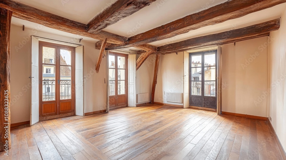 Fototapeta premium Spacious rustic master bedroom with parquet flooring, exposed wooden beams, two balconies, and air conditioning, illuminated by natural light.