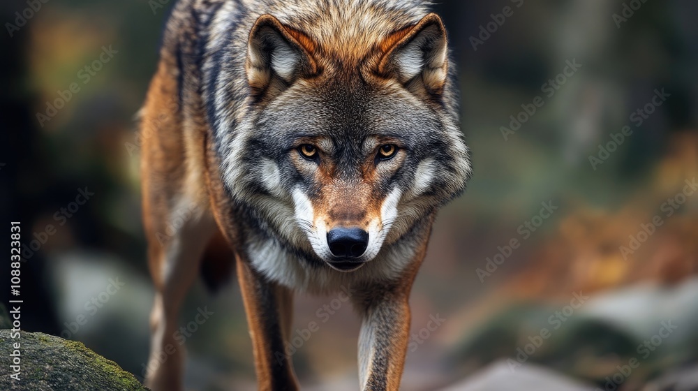 Fototapeta premium Fierce Big Bad Wolf Stalking Through a Forest with Intimidating Stare and Thick Fur Highlighting Powerful Presence