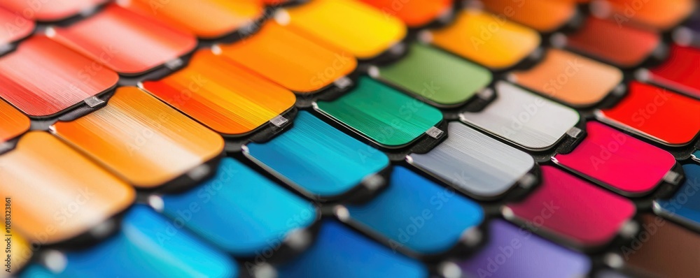 A vibrant array of color swatches displaying a spectrum from warm oranges to cool blues, perfect for design inspiration and selection. A vibrant array of color swatches displaying a spectrum from warm oranges to cool blues, perfect for design inspiration and selection.