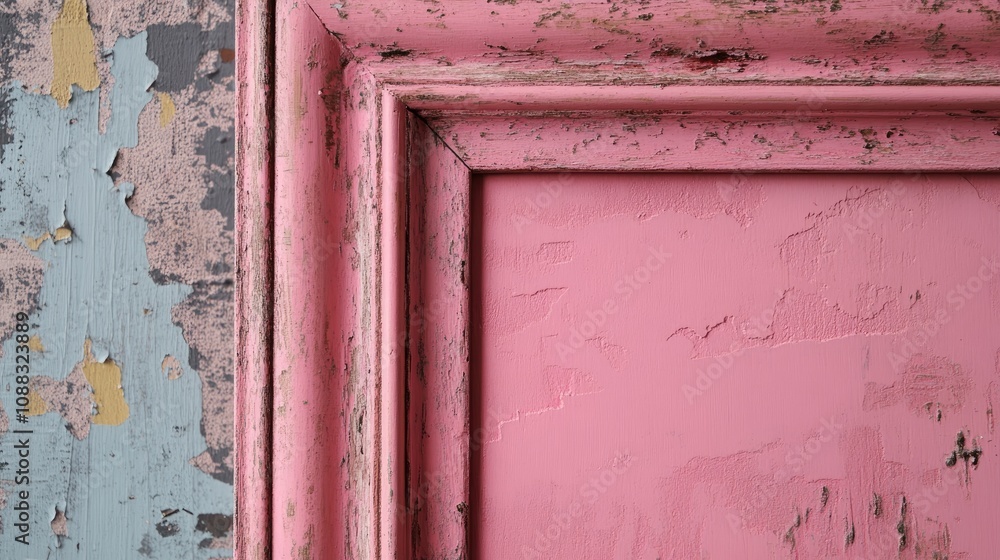 Naklejka premium Weathered vintage pink wooden frame showcasing peeling paint and textured surfaces, designed with ample space for custom text or images.