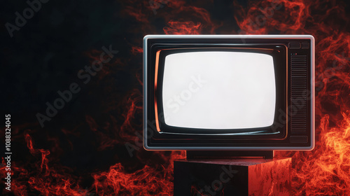 vintage television set on pedestal, surrounded by fiery light beams, creates striking visual contrast. empty screen invites imagination and curiosity