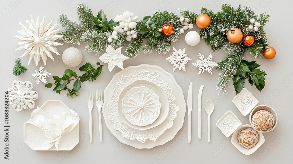 Elegant Table Setting with White Dinnerware Surrounded by Festive Christmas Decorations and Greenery, Ideal for Holiday Celebrations and Seasonal Gatherings Elegant Table Setting with White Dinnerware Surrounded by Festive Christmas Decorations and Greenery, Ideal for Holiday Celebrations and Seasonal Gatherings