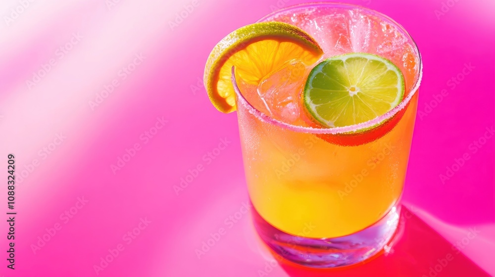 Vibrant tropical fruit cocktail with citrus garnishes served in a clear glass on a bright pink background, highlighting a refreshing homemade drink. Vibrant tropical fruit cocktail with citrus garnishes served in a clear glass on a bright pink background, highlighting a refreshing homemade drink.