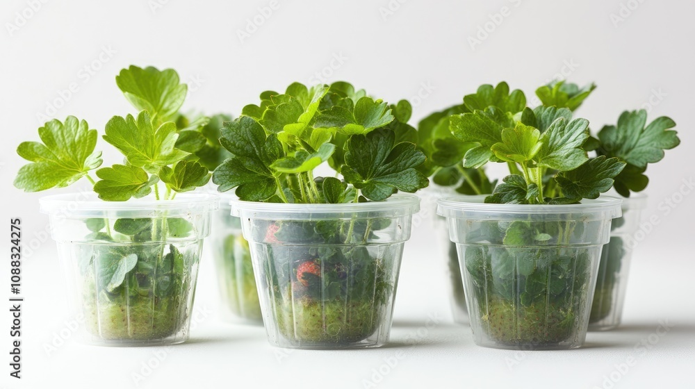 Strawberry seedlings thriving in clear plastic pots, showcasing vibrant green leaves and healthy growth, emphasizing their potential for fruit production. Strawberry seedlings thriving in clear plastic pots, showcasing vibrant green leaves and healthy growth, emphasizing their potential for fruit production.