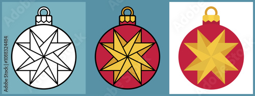 Christmas Ornament Balls with Windmill Origami, Outline Coloring Flat style. Vector illustration.