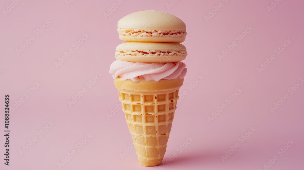 Waffle cone with pastel pink frosting and a delicate cake macaron on top, set against a soft pink pastel background in a top view arrangement. Waffle cone with pastel pink frosting and a delicate cake macaron on top, set against a soft pink pastel background in a top view arrangement.