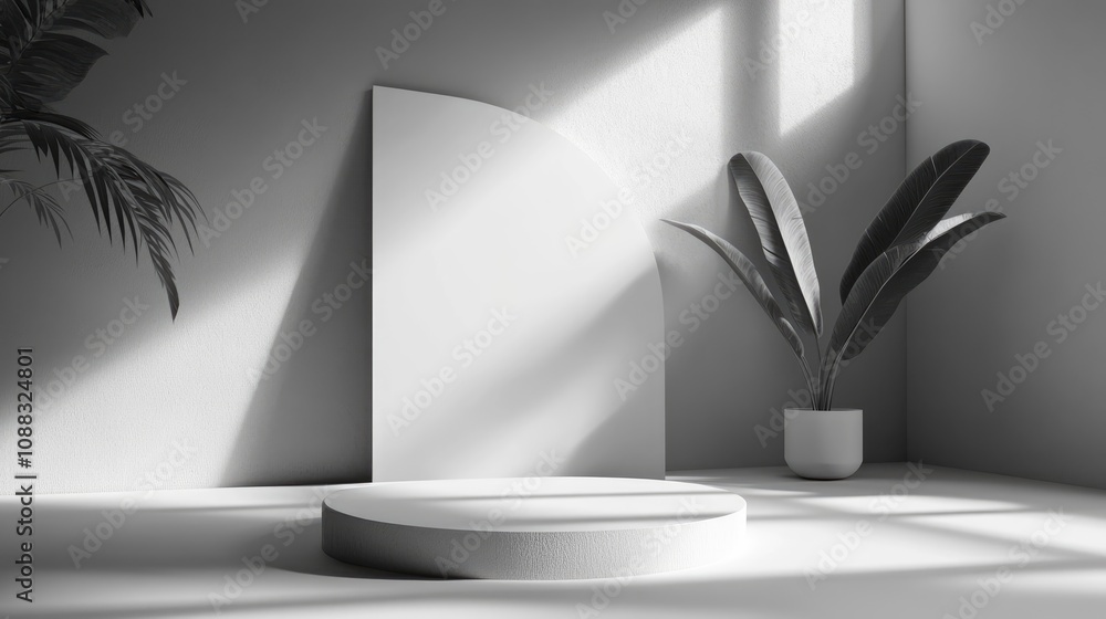 Modern minimalistic 3D studio backdrop featuring a circular podium and abstract geometric shape. Natural shadows and light create a serene atmosphere, complemented by foliage in a planter. Modern minimalistic 3D studio backdrop featuring a circular podium and abstract geometric shape. Natural shadows and light create a serene atmosphere, complemented by foliage in a planter.