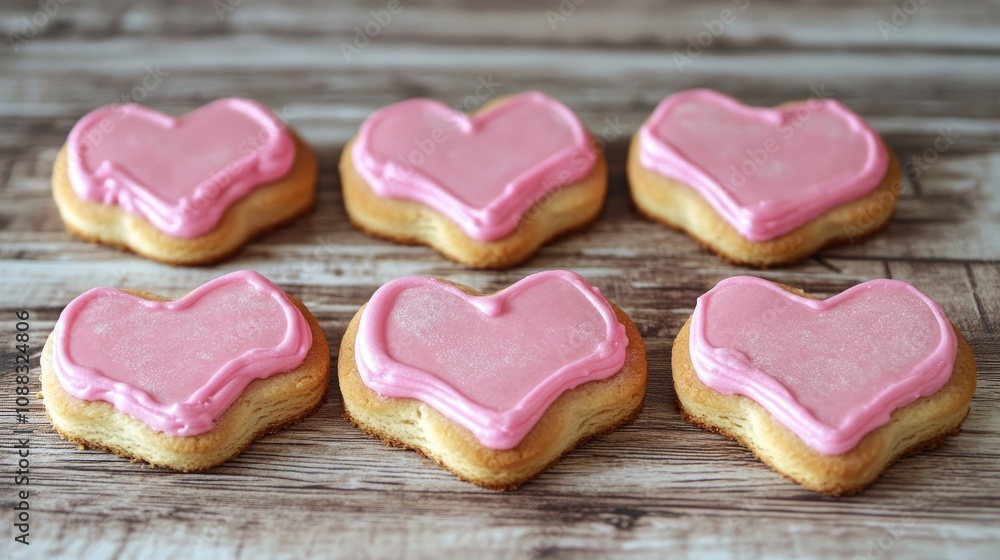 Heart-shaped cookies with pink icing arranged on a rustic wooden surface, creating a charming Valentine's Day backdrop. Heart-shaped cookies with pink icing arranged on a rustic wooden surface, creating a charming Valentine's Day backdrop.