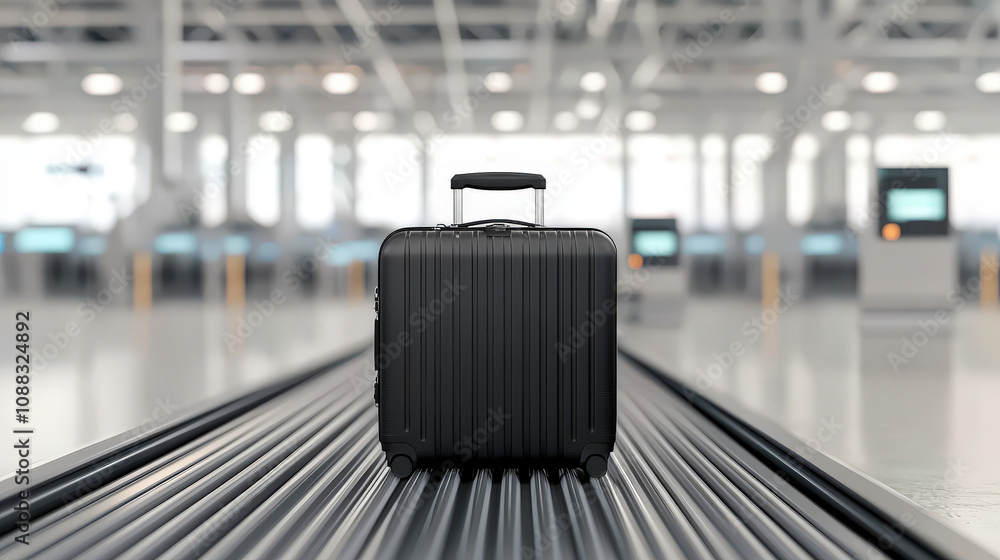 black suitcase on airport conveyor belt, ready for scanning. modern airport environment enhances travel experience, showcasing efficiency and organization black suitcase on airport conveyor belt, ready for scanning. modern airport environment enhances travel experience, showcasing efficiency and organization