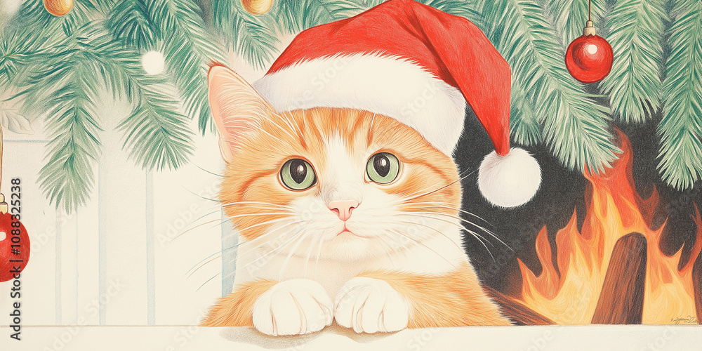 Cute illustration of a cat wearing Santa's hat in front of fireplace Cute illustration of a cat wearing Santa's hat in front of fireplace