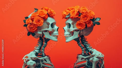 Two skeletal figures adorned with vibrant orange roses gaze at each other against a striking coral backdrop, creating a unique and playful visual contrast. photo