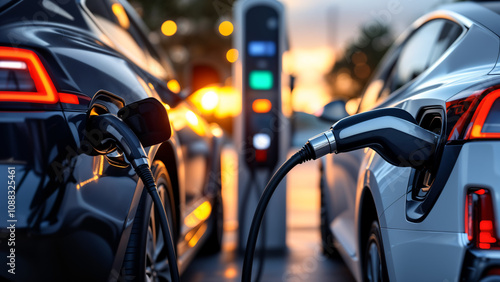A close-up view of two electric cars parked and charging at an EV charging station