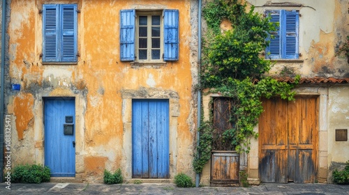 Charming Mediterranean architecture showcasing vibrant ancient houses with blue window shutters, rustic walls, and wooden doors adorned with creeping greenery.