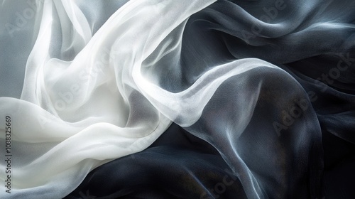 Flowing black and white fabric creating an abstract wave pattern, highlighting an ethereal and artistic essence with soft, translucent textures and smooth contours.