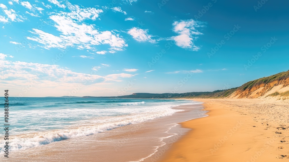 Tranquil summer beach with golden sand stretching along a gently lapping ocean and a clear blue sky dotted with wispy clouds. Tranquil summer beach with golden sand stretching along a gently lapping ocean and a clear blue sky dotted with wispy clouds.