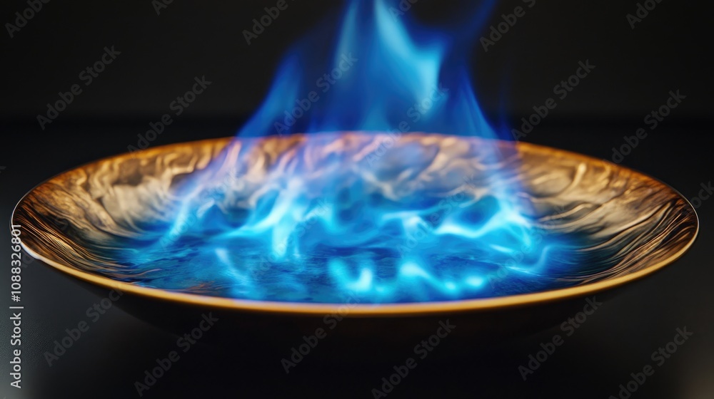 Vibrant Blue Flames Dancing in a Decorative Bowl with Reflective Surface and Dark Background Vibrant Blue Flames Dancing in a Decorative Bowl with Reflective Surface and Dark Background