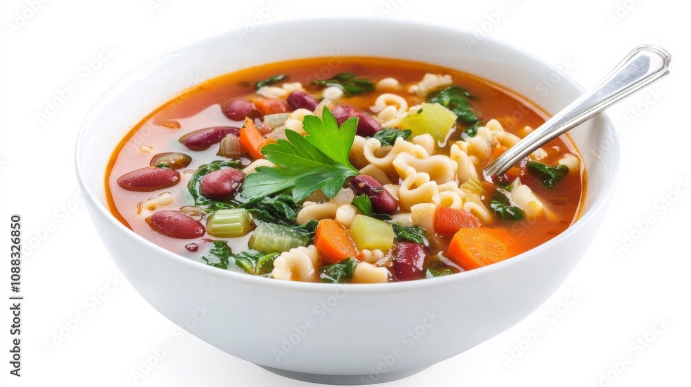 A bowl of hearty minestrone soup with pasta, beans, carrots A bowl of hearty minestrone soup with pasta, beans, carrots