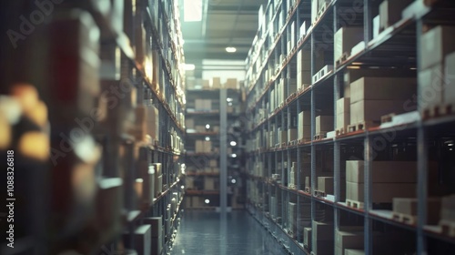 Spacious warehouse interior with towering shelves filled with stacked cartons, showcasing pallets and forklifts in a logistics environment.